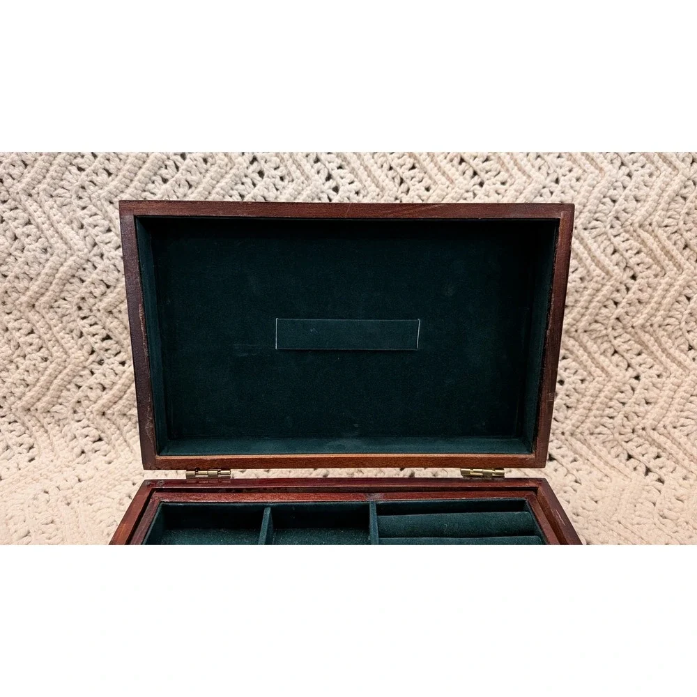 Vintage Wood Jewelry Box Brass Corner Campaign Style Green Velvet Lining 11x7x4